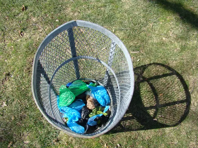 Bolsas de desechos de perro amarradas, juntas en un cesto de alambre sobre el pasto
